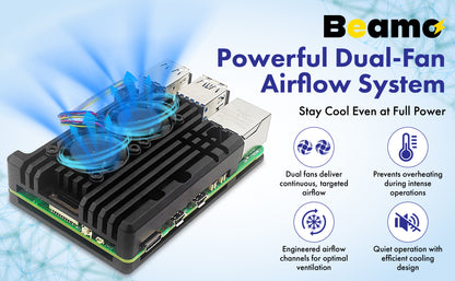 Raspberry Pi 5 Active Cooler - Dual Fan Aluminum Heatsink Case with Pre-Cut Thermal Pads, PWM Fan Control via Pi 5 Header, Open-Air Cooling for Overclocking & 24/7 Use, GPIO Access - Beamo