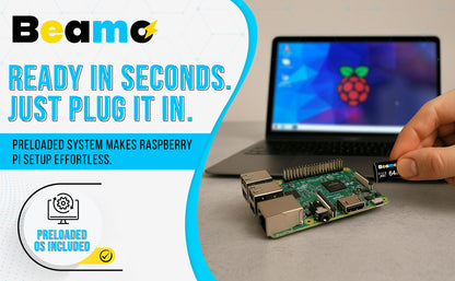 Carte microSD Beamo 64 Go avec système d'exploitation Raspberry Pi préinstallé [U3 Classe 10], compatible avec toutes les séries Raspberry Pi : 5, 500, 400, 4B, 3B, 3B+, 3A+, Zero 2 W et CM. Idéale pour une installation facile de Raspberry Pi OS 64 bits.