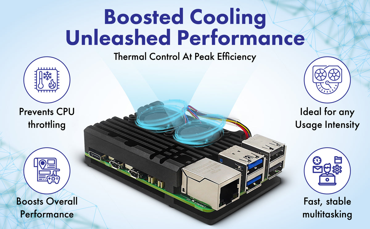 Raspberry Pi 5 Active Cooler - Dual Fan Aluminum Heatsink Case with Pre-Cut Thermal Pads, PWM Fan Control via Pi 5 Header, Open-Air Cooling for Overclocking & 24/7 Use, GPIO Access - Beamo