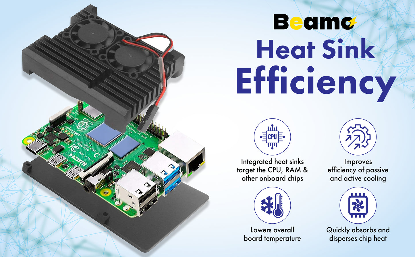 Raspberry Pi 5 Active Cooler - Dual Fan Aluminum Heatsink Case with Pre-Cut Thermal Pads, PWM Fan Control via Pi 5 Header, Open-Air Cooling for Overclocking & 24/7 Use, GPIO Access - Beamo
