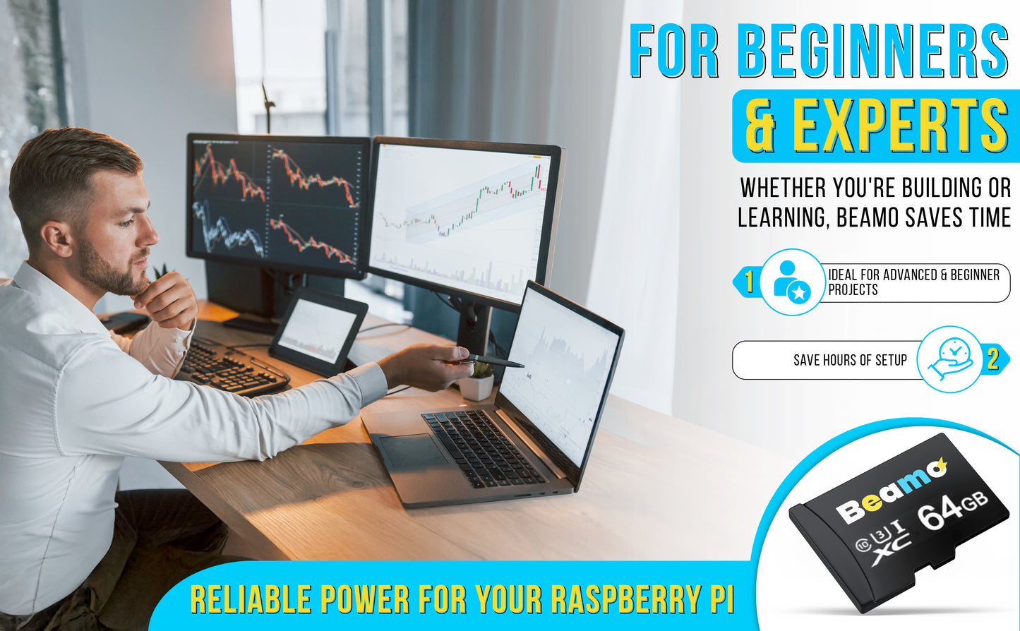 Carte microSD Beamo 64 Go avec système d'exploitation Raspberry Pi préinstallé [U3 Classe 10], compatible avec toutes les séries Raspberry Pi : 5, 500, 400, 4B, 3B, 3B+, 3A+, Zero 2 W et CM. Idéale pour une installation facile de Raspberry Pi OS 64 bits.