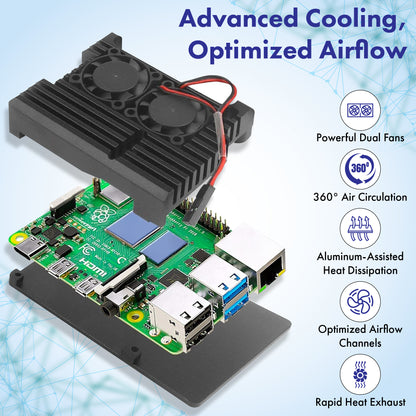 Raspberry Pi 5 Active Cooler - Dual Fan Aluminum Heatsink Case with Pre-Cut Thermal Pads, PWM Fan Control via Pi 5 Header, Open-Air Cooling for Overclocking & 24/7 Use, GPIO Access - Beamo
