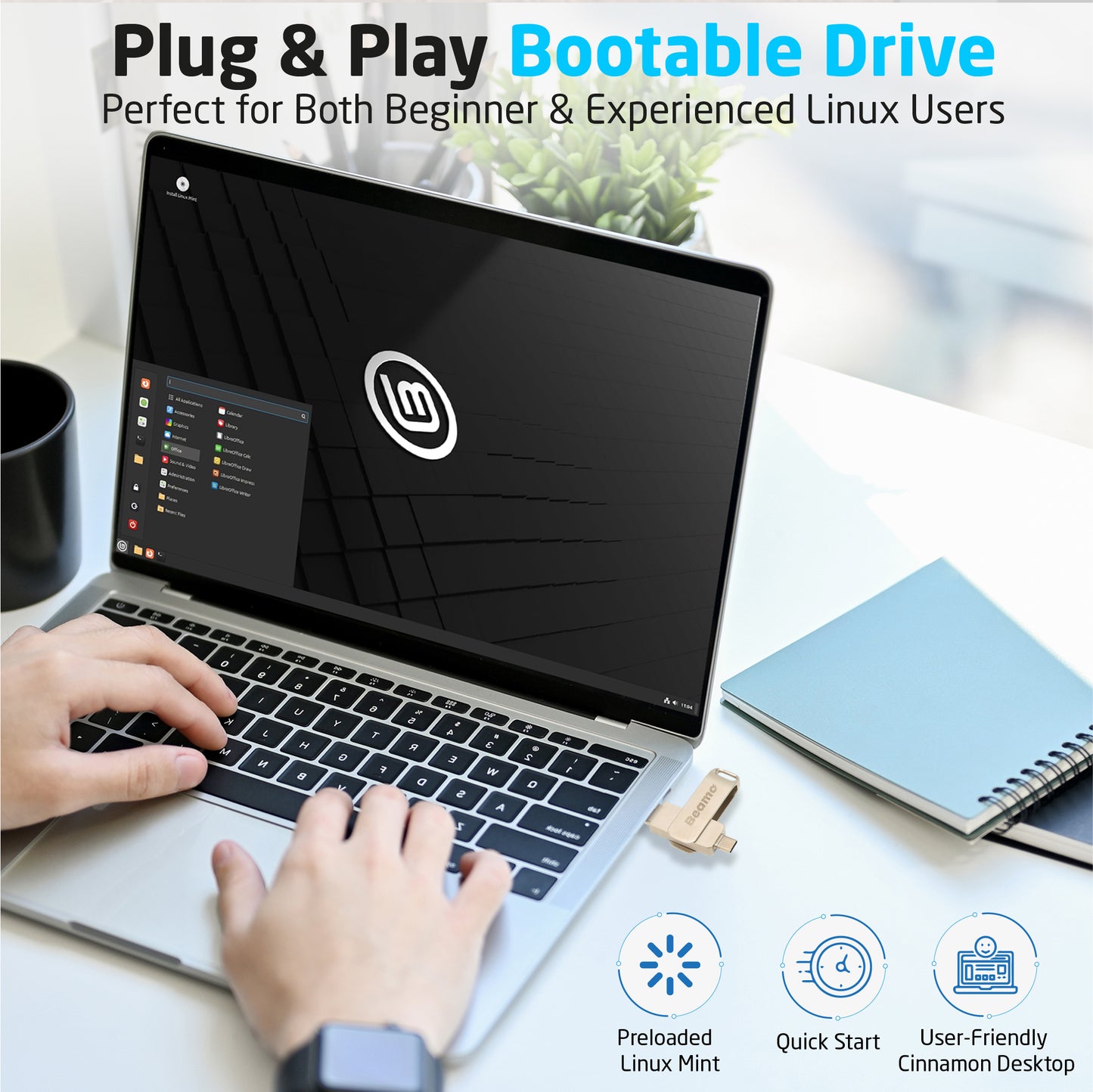 Clé USB bootable Beamo Linux Mint Cinnamon 22.1 (version la plus récente) 64 bits, Live USB pour l'installation et la réparation de Linux Mint