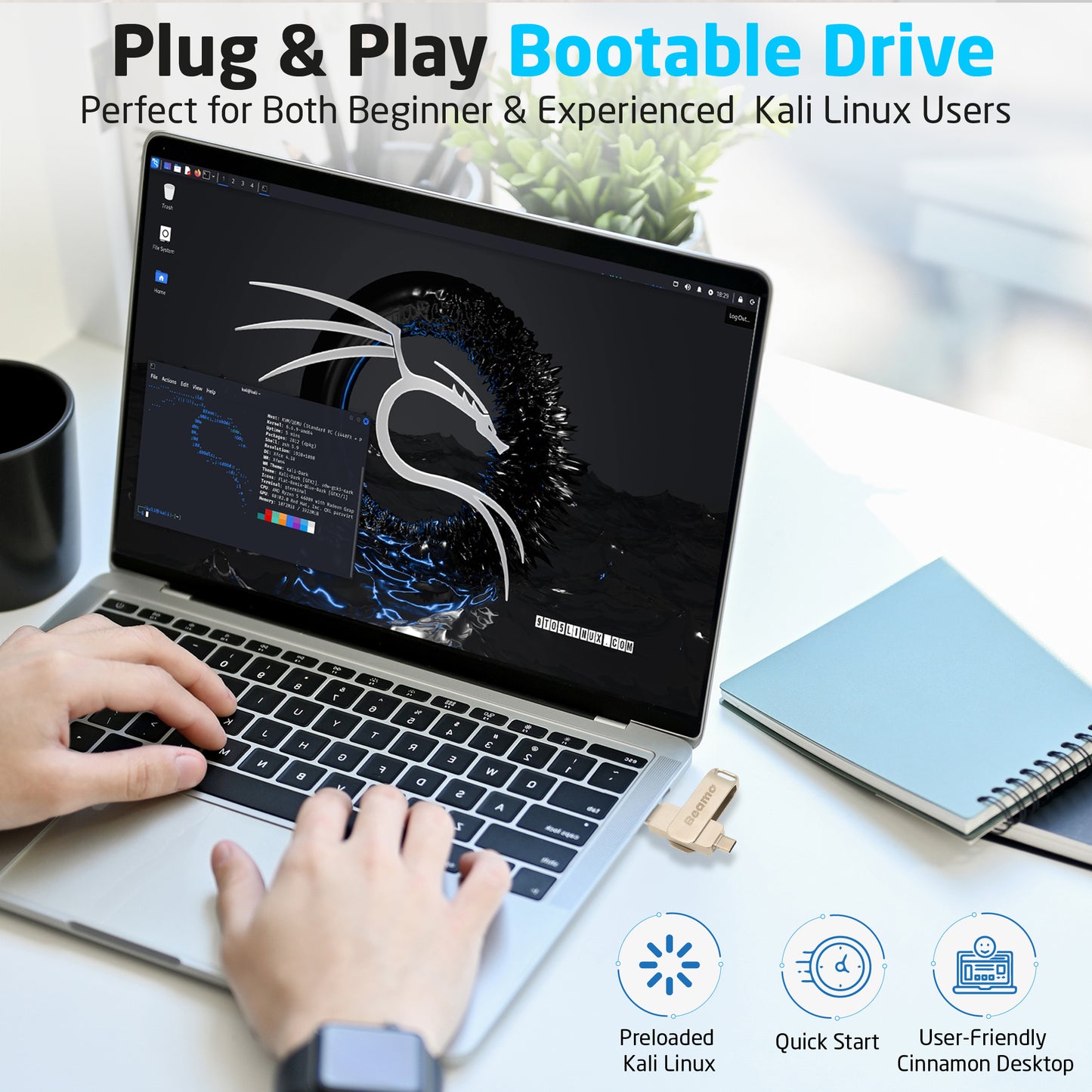 Clé USB bootable Beamo Kali Linux version 2025.2 pour démarrer, utiliser et installer Kali Linux