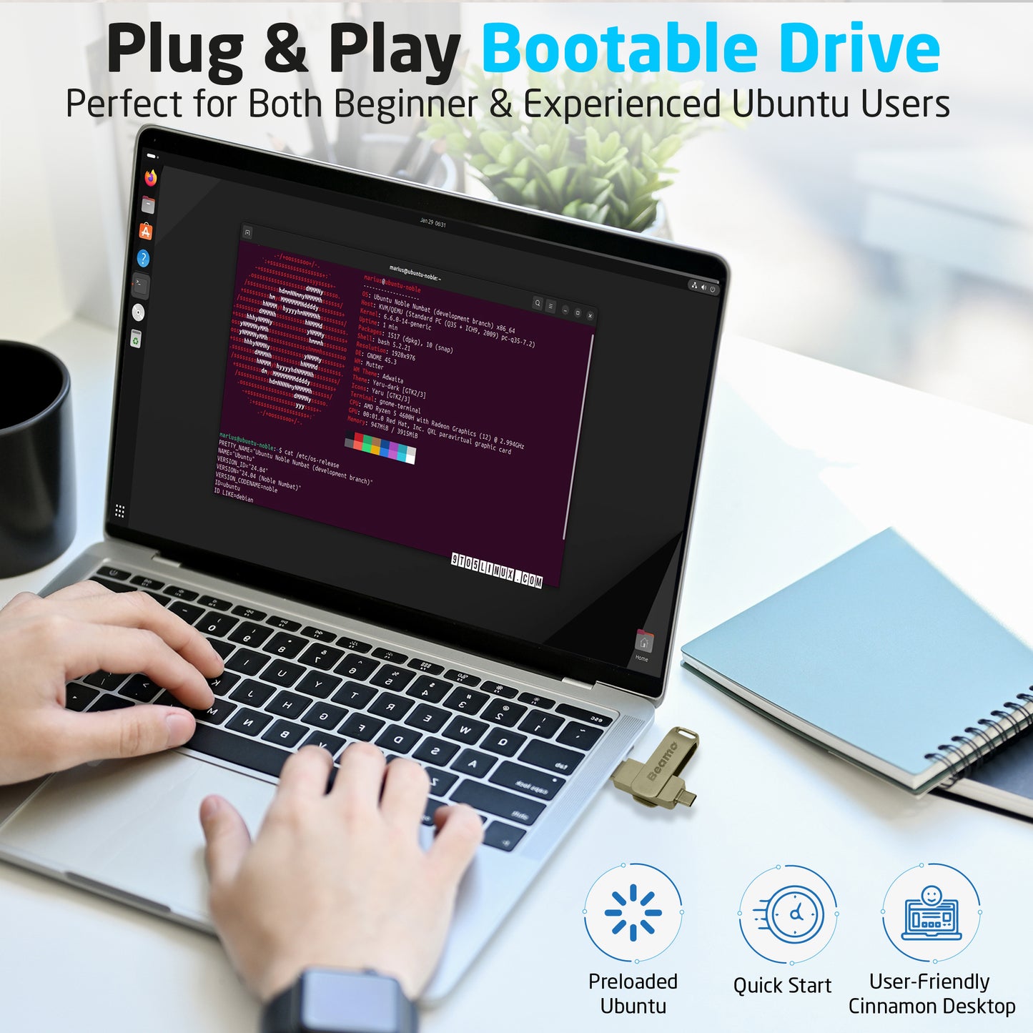 Clé USB bootable Beamo Ubuntu Desktop 24.04.3 LTS (dernière version) 64 bits, Live USB pour l'installation et la réparation d'Ubuntu Desktop