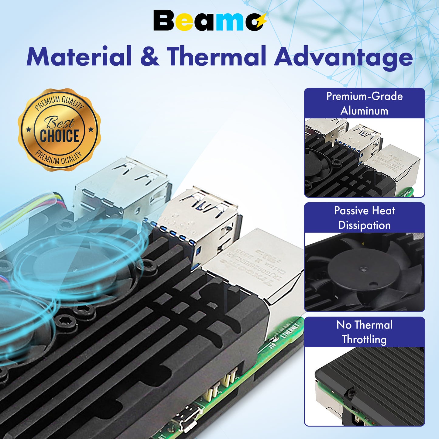 Raspberry Pi 5 Active Cooler - Dual Fan Aluminum Heatsink Case with Pre-Cut Thermal Pads, PWM Fan Control via Pi 5 Header, Open-Air Cooling for Overclocking & 24/7 Use, GPIO Access - Beamo