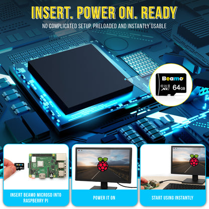 Carte microSD Beamo 64 Go avec système d'exploitation Raspberry Pi préinstallé [U3 Classe 10], compatible avec toutes les séries Raspberry Pi : 5, 500, 400, 4B, 3B, 3B+, 3A+, Zero 2 W et CM. Idéale pour une installation facile de Raspberry Pi OS 64 bits.